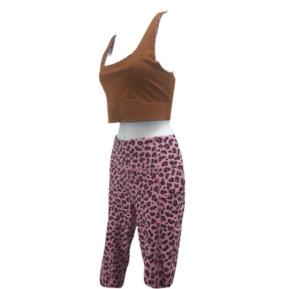 Barbiecore Pink Cheetah/ Brown Reversible Bra & High Waisted Leggings Set Sz M - Picture 3 of 8